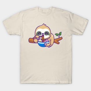 Cute Sloth Eating Ramen On Branch Tree Cartoon T-Shirt